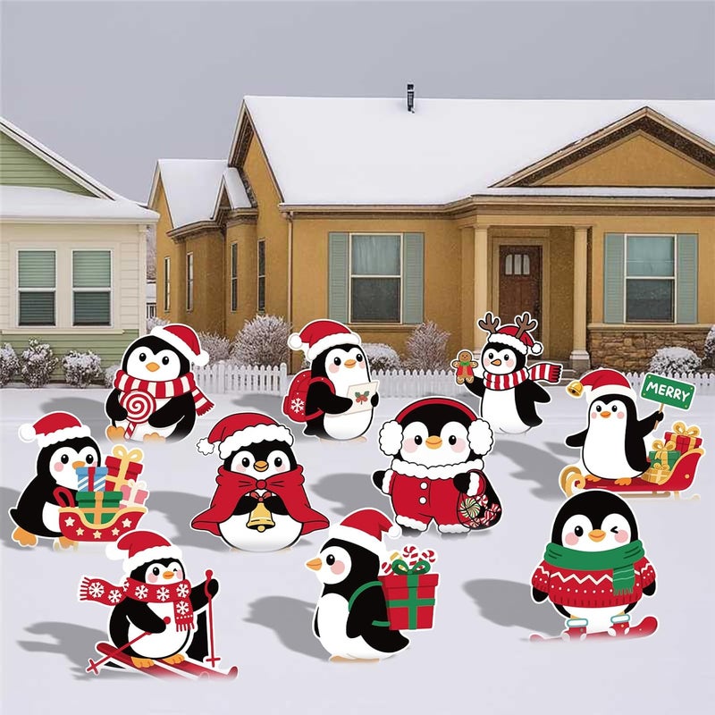PhyLence 10-Piece Christmas Penguin Yard Signs with Stakes Decorations – 10 Assorted Designs 12 Inches Large Holiday Penguin Signs for Outdoor Garden and Lawn Winter Party Favor - Image 1